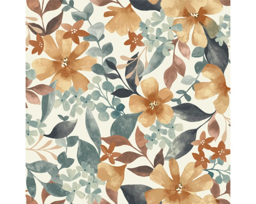 Behangpatroon met diverse bloemen en bladeren in artistieke aquarelstijl.