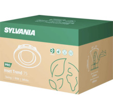 Sylvania Inset Trend 75 inbouwspot in wit, verpakking met informatie over IP44 beschermingsgraad, kantelbare functie, GU10 fitting en 3 jaar garantie.
