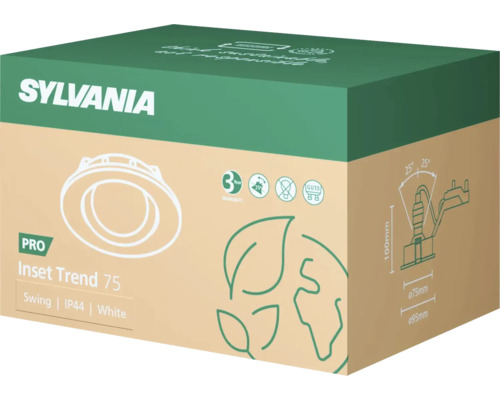 Sylvania Inset Trend 75 inbouwspot in wit, verpakking met informatie over IP44 beschermingsgraad, kantelbare functie, GU10 fitting en 3 jaar garantie.