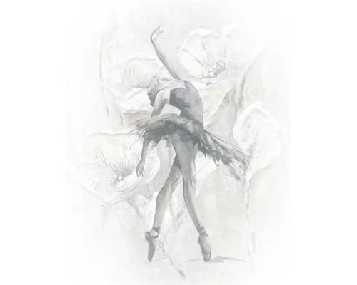 Wanddecoratie van een ballerina in tutu en balletschoenen op een achtergrond met zachte bloempatronen.