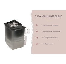 9 Kilowatt saunaoven met geïntegreerde besturing, roestvrijstalen buitenmantel, vuurgealuminiseerde binnenmantel en diabaasstenen.