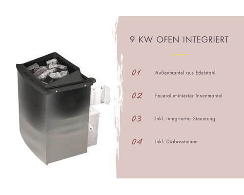 9 Kilowatt saunaoven met geïntegreerde besturing, roestvrijstalen buitenmantel, vuurgealuminiseerde binnenmantel en diabaasstenen.