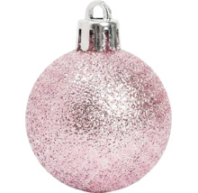 Roze kerstbal met glitteroppervlak en zilveren ophangoog.