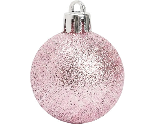 Roze kerstbal met glitteroppervlak en zilveren ophangoog.