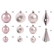 100-delige roze kerstboomversiering set: glanzende, matte en gestructureerde ballen in verschillende maten, dennenappels en druppels.