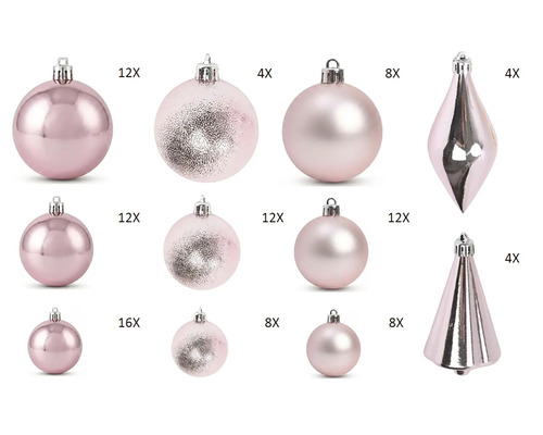 100-delige roze kerstboomversiering set: glanzende, matte en gestructureerde ballen in verschillende maten, dennenappels en druppels.
