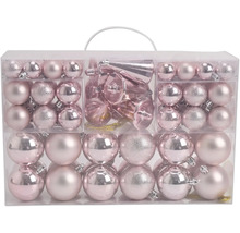 Kerstversieringsset met ballen en kegels in diverse maten, glanzend, mat en glitter in een transparante opbergbox met handvat.