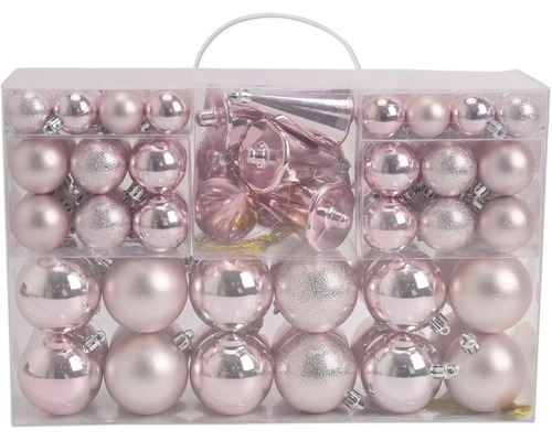 Kerstversieringsset met ballen en kegels in diverse maten, glanzend, mat en glitter in een transparante opbergbox met handvat.
