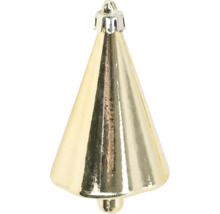 Kerstversiering in kegelvorm gemaakt van glas met een glanzend goudkleurig oppervlak.