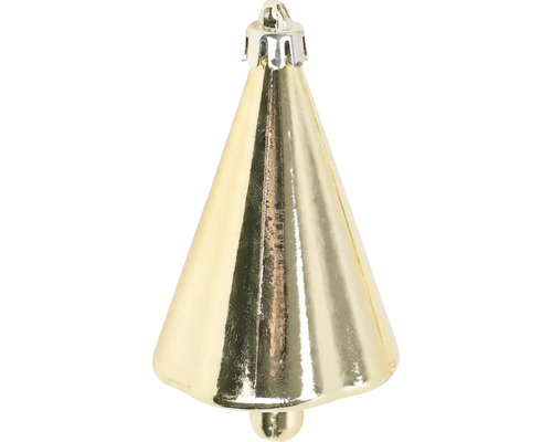 Kerstversiering in kegelvorm gemaakt van glas met een glanzend goudkleurig oppervlak.