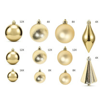 Gouden kerstversiering met ballen, druppels en kegels in glanzende, matte en getextureerde oppervlakken.