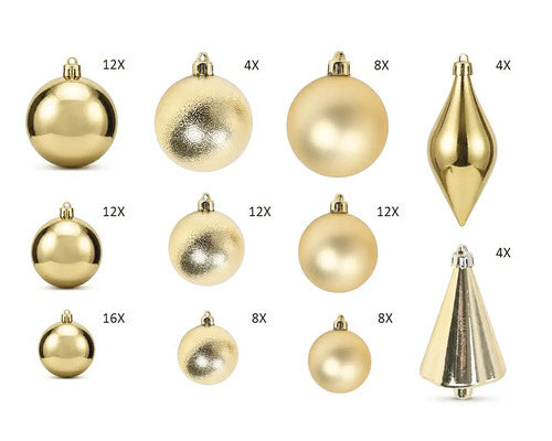 Gouden kerstversiering met ballen, druppels en kegels in glanzende, matte en getextureerde oppervlakken.