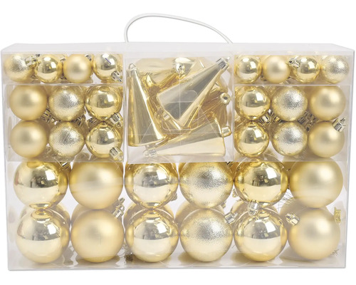 Set gouden kerstballen in verschillende maten en afwerkingen met kegelvormige ornamenten in een doorzichtige verpakking.