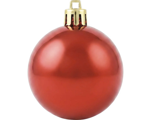 Kerstbal van kunststof, glanzend rood met goudkleurig oogje.