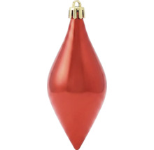 Kersthanger in druppelvorm, glanzend rood, met goudkleurig kapje en ophangoog.