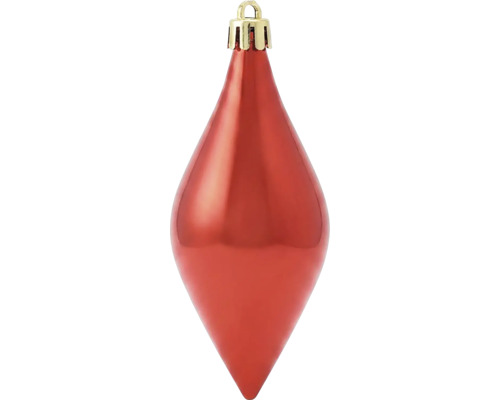 Kersthanger in druppelvorm, glanzend rood, met goudkleurig kapje en ophangoog.