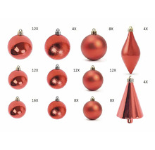 Rode kerstversiering in een set met kerstballen in verschillende maten en optieken, en hangers in druppel- en kegelvorm.