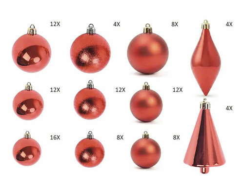 Rode kerstversiering in een set met kerstballen in verschillende maten en optieken, en hangers in druppel- en kegelvorm.