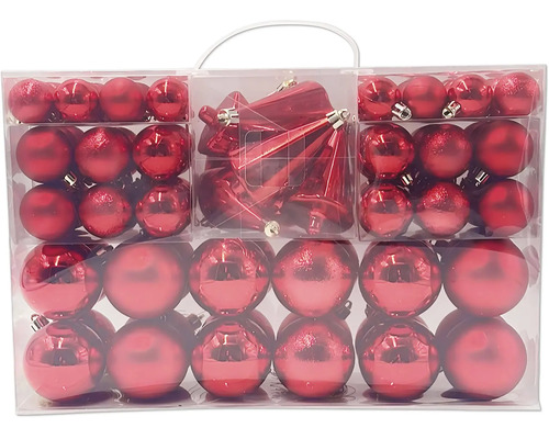 Set van rode kerstballen en hangers in een transparante kunststof doos. Bevat glanzende, matte en glitterballen van verschillende formaten.