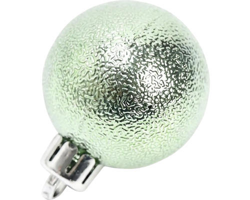 Gestructureerde lichtgroene kerstbal van glas met zilveren ophangoog.