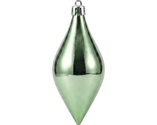 Kerstboomhanger in de vorm van een druppel, glanzend groen, met zilveren kapje.