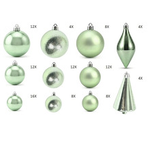 Groene kerstballenset met ballen, druppels en boomvormige hangers in glanzende, matte en gestructureerde uitvoering.