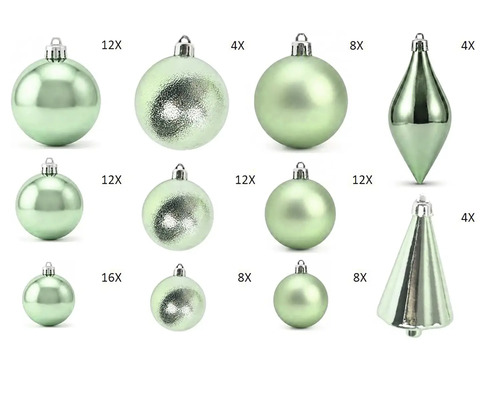 Groene kerstballenset met ballen, druppels en boomvormige hangers in glanzende, matte en gestructureerde uitvoering.