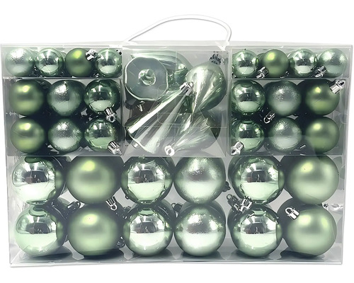 Set groene kerstballen en dennenappels in verschillende maten en afwerkingen in een transparante kunststof box.