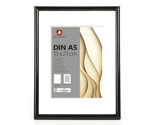 Zwarte kunststof fotolijst voor afbeeldingen in het formaat 15 bij 21 centimeter, DIN A5, inclusief witte passe-partout.