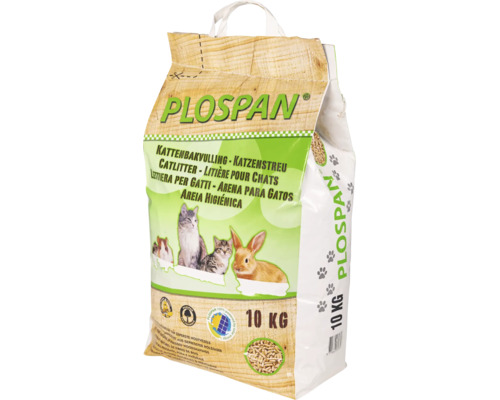 Plospan kattenbakvulling van geperste houtvezels in een zak van 10 kilogram voor katten, konijnen en cavia's.