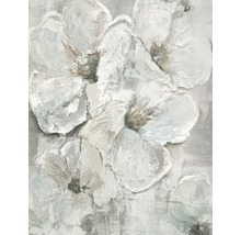 Abstract wanddecoratie met gestructureerde bloemmotieven in spateltechniek op canvas.