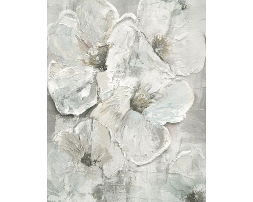 Abstract wanddecoratie met gestructureerde bloemmotieven in spateltechniek op canvas.