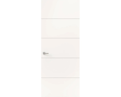 Witte binnendeur met vier horizontale lijnen en een zilverkleurige deurkruk.