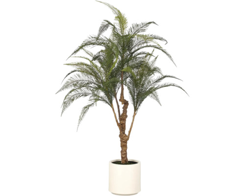 Kunstpalm groen in witte pot met gestructureerde stam en geveerde bladeren.