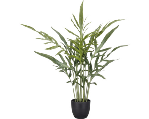 Kunstplant voor binnen met gekartelde bladeren in zwarte pot.