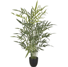 Kunstplant in een zwarte pot met langwerpige, getande groene bladeren.