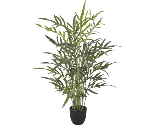 Kunstplant in een zwarte pot met langwerpige, getande groene bladeren.