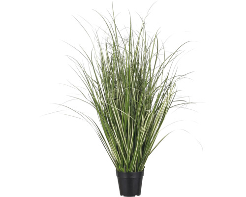 Kunstmatig siergras met wit-groene bladeren in een zwarte pot.