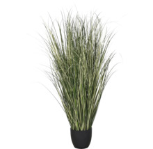 Kunstmatig siergras met gestreepte bladeren in een zwarte pot.