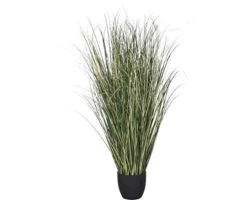 Kunstmatig siergras met gestreepte bladeren in een zwarte pot.