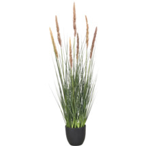 Kunstplant siergras in zwarte pot met bruine pluimen.