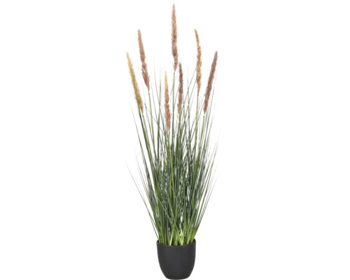 Kunstplant siergras in zwarte pot met bruine pluimen.
