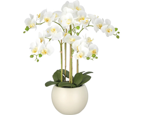 Kunstorchidee Phalaenopsis in ronde crèmekleurige pot, met witte bloemen en groene bladeren.