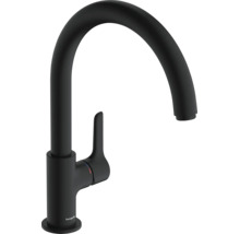 Hansgrohe keukenkraan met eenhendelmengkraan en hoge uitloop in mat zwart.