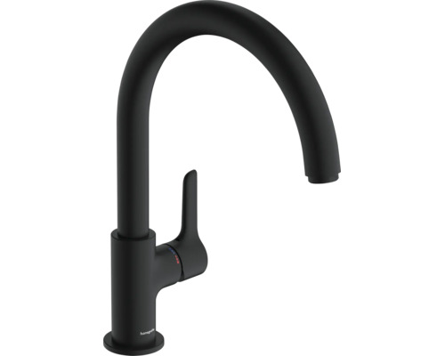 Hansgrohe keukenkraan met eenhendelmengkraan en hoge uitloop in mat zwart.