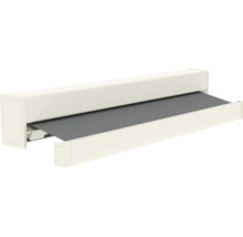 Vensterzonwering met witte cassette en grijs doek, gedeeltelijk uitgeschoven zonnescherm.
