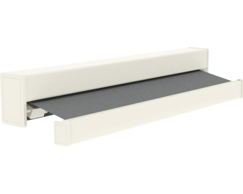 Vensterzonwering met witte cassette en grijs doek, gedeeltelijk uitgeschoven zonnescherm.