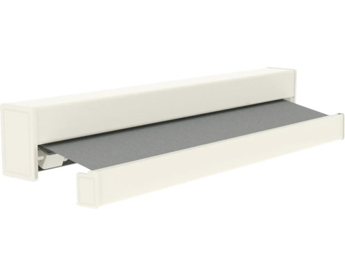 Cassettescherm met grijs doek en witte behuizing.
