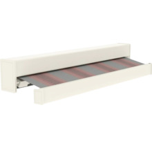 Cassettescherm met witte behuizing en gestreept doek.