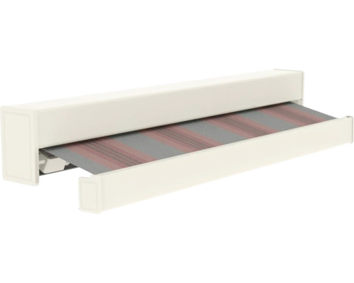 Cassettescherm met witte behuizing en gestreept doek.